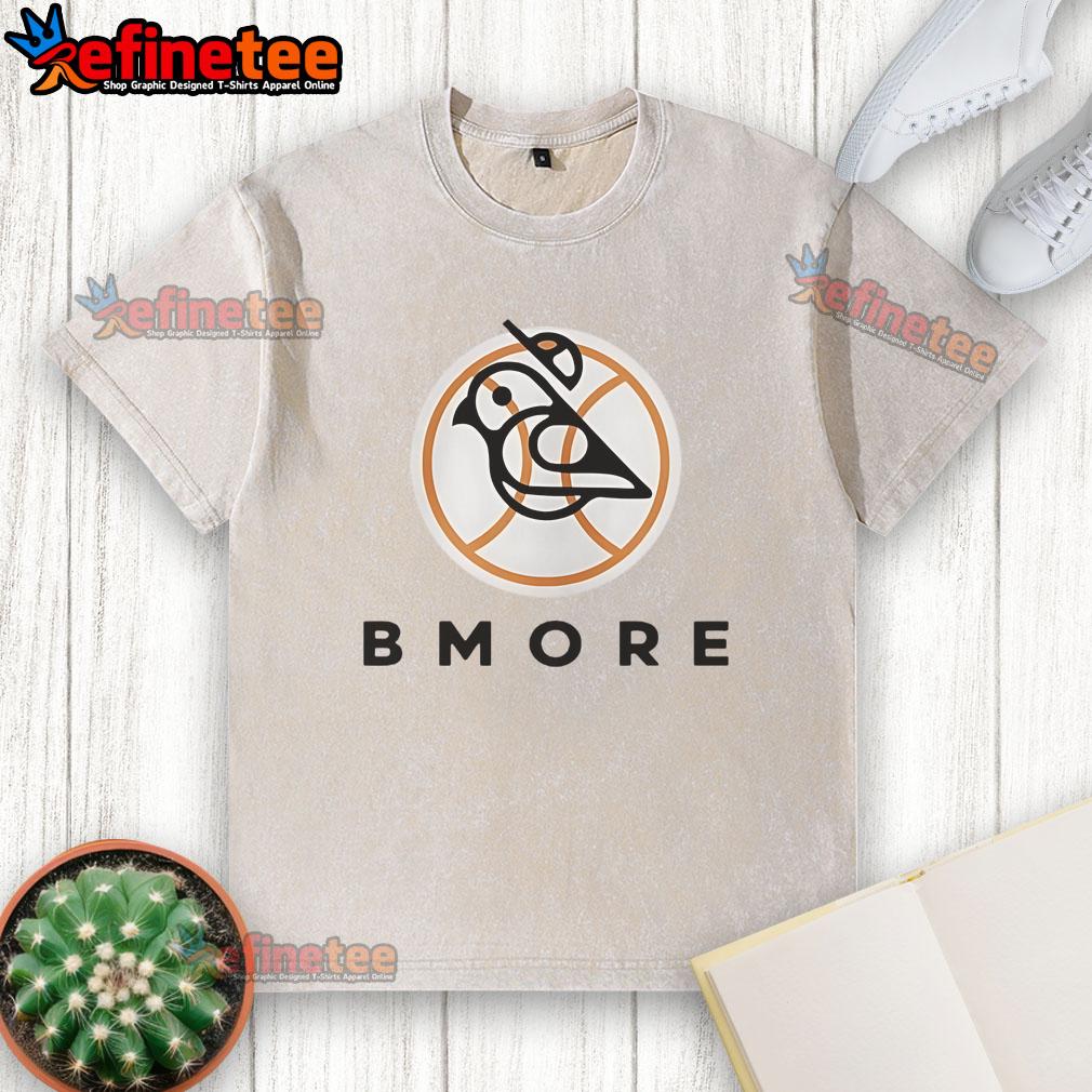 Official Bmore Bird Baltimore Orioles Logo Washed T Shirt Alt Text: Official Bmore Bird Baltimore Orioles logo on a washed t-shirt, perfect for fans and casual wear.