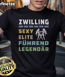 Bold German Gemini Typography T-Shirt featuring 'Zwilling Sexy Elite Fhrend Legendr' design for astrology lovers.