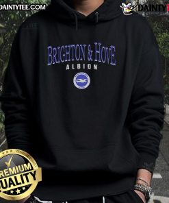 Official Brighton and Hove Albion arch letter hoodie in navy blue with team logo, perfect for fans and casual wear.