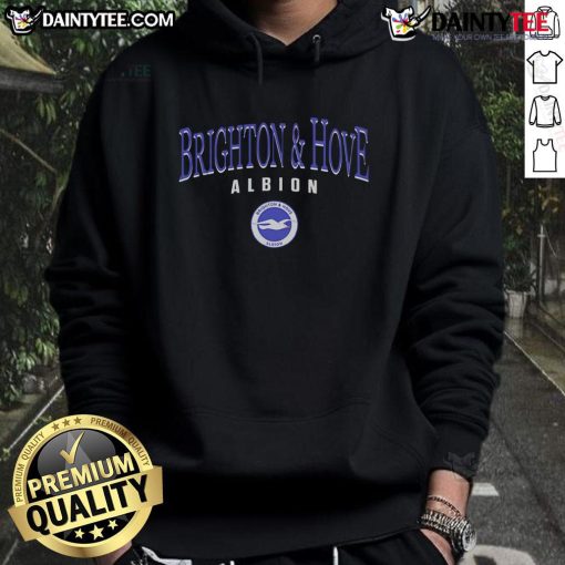 Official Brighton and Hove Albion arch letter hoodie in navy blue with team logo, perfect for fans and casual wear.