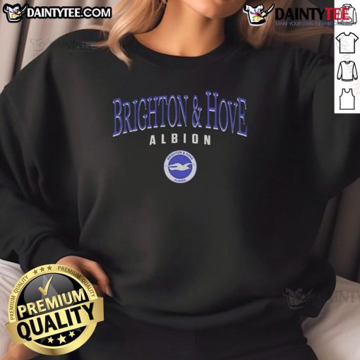 Official Brighton and Hove Albion Arch Letter Sweatshirt in blue, featuring the club's logo and vibrant design.