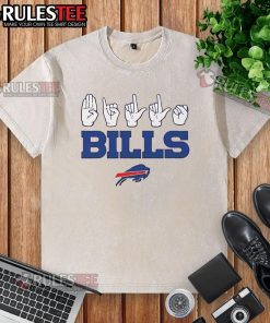 Alt Text: Youth wearing an Official Buffalo Bills Football Homage t-shirt with love sign hand signals, showcasing team pride.