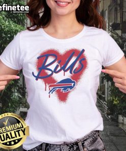 Alt Text: Official Buffalo Bills Football Spray Heart Ladies Tee, featuring a stylish design perfect for game day and fans.