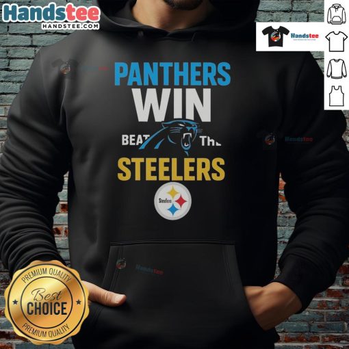 Alt Text: Official Carolina Panthers victory hoodie featuring team colors and logo, celebrating a win against the Steelers.