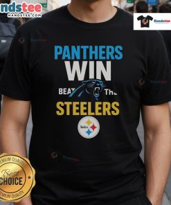 Official Carolina Panthers Victory T-Shirt celebrating their win against the Steelers, featuring bold team colors and logo.