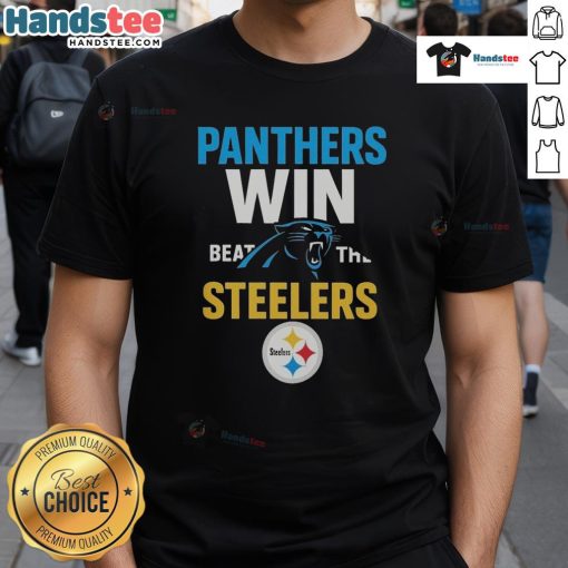 Official Carolina Panthers Victory T-Shirt celebrating their win against the Steelers, featuring bold team colors and logo.