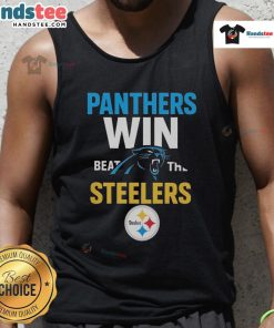 Official Carolina Panthers victory tank top featuring bold team logo, perfect for fans celebrating a win against the Steelers.