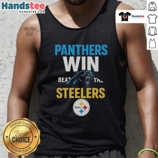 Official Carolina Panthers victory tank top featuring bold team logo, perfect for fans celebrating a win against the Steelers.