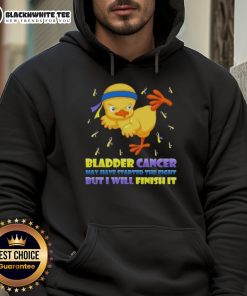Cartoon chick performing a karate kick on a hoodie, symbolizing the fight against bladder cancer.