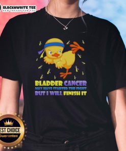 Cartoon chick delivering a karate kick, promoting bladder cancer awareness with 'I will finish it' slogan on ladies' tee.