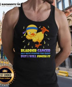 Cartoon chick performing a karate kick on a tank top, symbolizing strength against bladder cancer. Fight back!