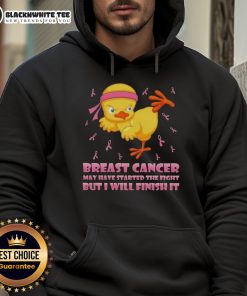 Alt Text: Cartoon chick in a karate kick pose on a hoodie, promoting breast cancer awareness with the message May have started the fight.