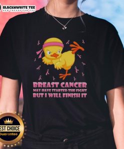Cartoon chick performing a karate kick on a pink tee, promoting breast cancer awareness with 'I will finish it' slogan.