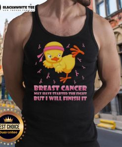 Cartoon chick in karate kick pose on tank top, promoting breast cancer awareness: 'May have started the fight, but I will finish it.'