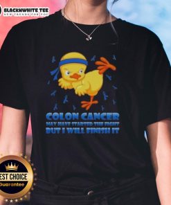Cartoon chick in a karate kick pose promoting colon cancer awareness on a ladies tee, embodying strength and resilience.