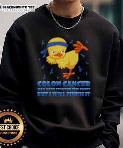 Cartoon chick in a karate kick pose on a sweatshirt, promoting colon cancer awareness with the slogan 'I Will Finish It.'