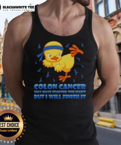 Cartoon chick in a karate kick pose on a tank top, symbolizing strength against colon cancer. Fight back with style!