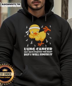 Cartoon chick in a karate kick pose on a hoodie, symbolizing the fight against lung cancer with 'I will finish it' slogan.