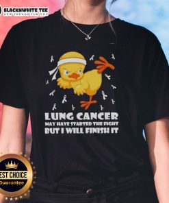 Cartoon chick performing a karate kick on a lung cancer theme t-shirt for women, showcasing strength and resilience.