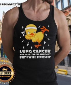 Cartoon chick performing a karate kick on lung cancer with the phrase 'I will finish it' on a tank top design.