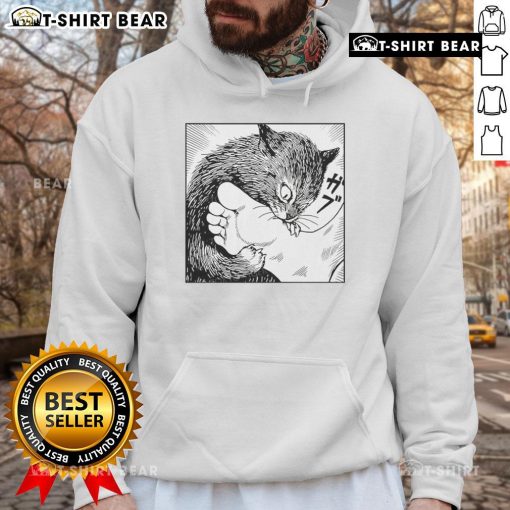 Alt Text: Cartoon hoodie featuring a playful cat biting feet, perfect for cat lovers and cozy casual wear.