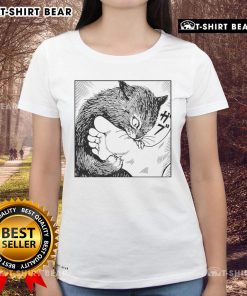 Official Cat Bites Feet cartoon design on a ladies tee, featuring playful kittens and fun typography in vibrant colors.