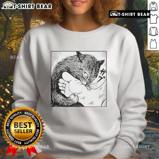 Official Cat Bites Feet Cartoon Sweatshirt featuring a playful cat design, perfect for cat lovers and cozy outfits.