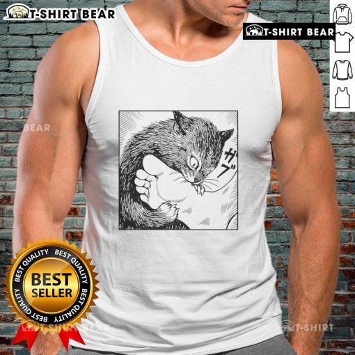 Official Cat Bites Feet Cartoon Tank Top featuring playful cat graphics and vibrant colors for cat lovers.