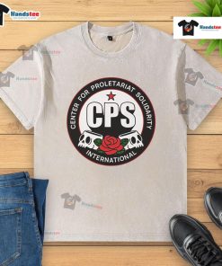 Alt Text: Official Center for Proletariat Solidarity logo on a washed t-shirt, promoting solidarity and worker rights.