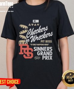 Distressed ladies tee featuring 'Checkers or Wreckers' design, perfect for stylish casual wear and racing enthusiasts.