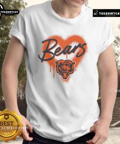 Alt Text: Official Chicago Bears Football Spray Heart T-Shirt featuring the team's logo and a stylish heart design, perfect for fans.