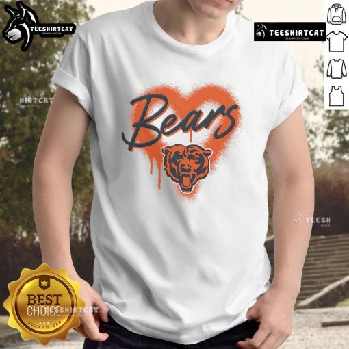 Alt Text: Official Chicago Bears Football Spray Heart T-Shirt featuring the team's logo and a stylish heart design, perfect for fans.