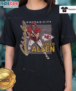 Alt Text: Official Chiefs Jared Allen Signature Ladies Tee featuring vibrant team colors and signature design for female fans.