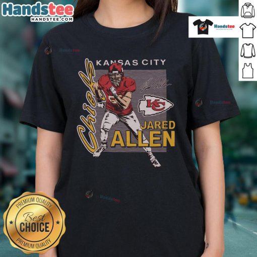 Alt Text: Official Chiefs Jared Allen Signature Ladies Tee featuring vibrant team colors and signature design for female fans.