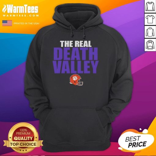 Alt Text: Official Clemson Tigers The Real Death Valley Helmet Hoodie featuring the iconic logo and vibrant team colors.