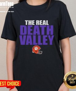 Alt Text: Official Clemson Tigers The Real Death Valley helmet design on a stylish ladies tee, perfect for fans.