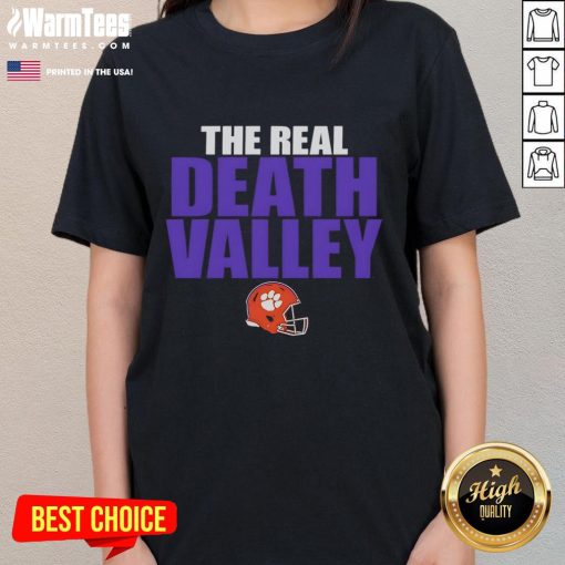 Alt Text: Official Clemson Tigers The Real Death Valley helmet design on a stylish ladies tee, perfect for fans.