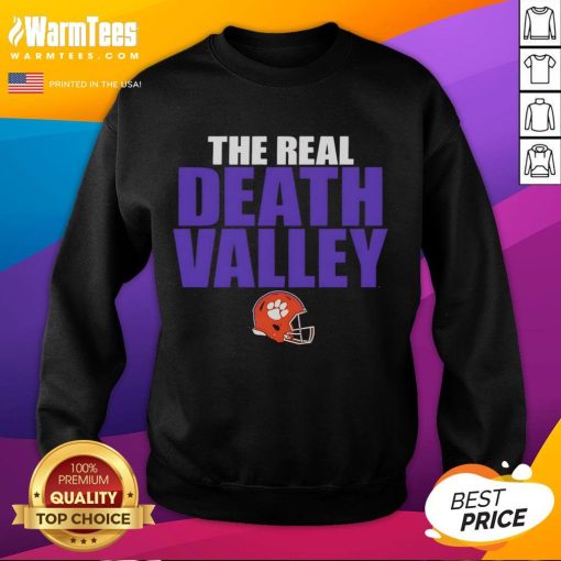 Alt Text: Official Clemson Tigers The Real Death Valley helmet sweatshirt showcasing team pride and vibrant orange design.