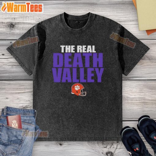 Alt Text: Official Clemson Tigers The Real Death Valley Helmet Washed T-Shirt showcasing vibrant team colors and logo design.