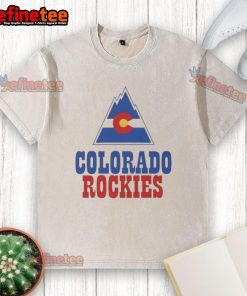 Official Colorado Rockies Hockey Mountain logo on a washed t-shirt, showcasing team spirit and style.