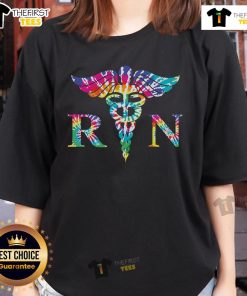 Colorful tie-dye RN nurse tee featuring caduceus design, perfect for healthcare professionals and nurse appreciation gifts.