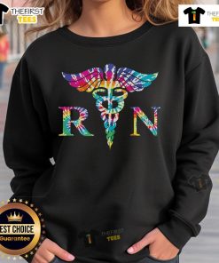 Alt Text: Colorful tie-dye sweatshirt featuring a caduceus design, perfect for RN nurses and healthcare professionals.