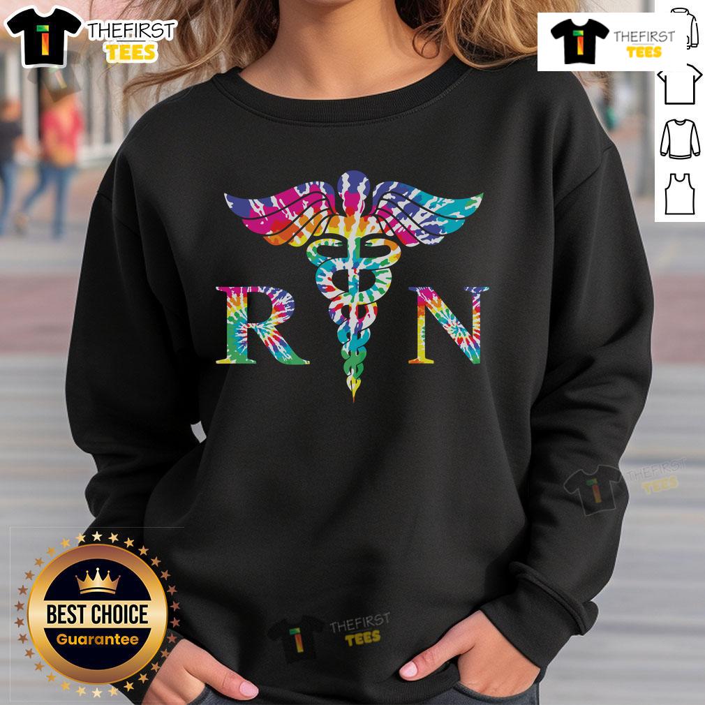 Official Colorful Tie Dye Rn Nurse Caduceus Sweatshirt Alt Text: Colorful tie-dye sweatshirt featuring a caduceus design, perfect for RN nurses and healthcare professionals.