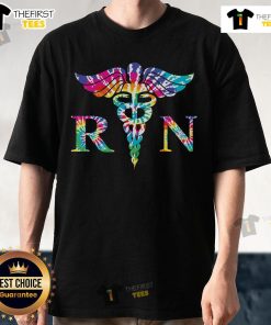 Colorful tie-dye RN nurse t-shirt featuring a caduceus design, perfect for healthcare professionals and nursing students.