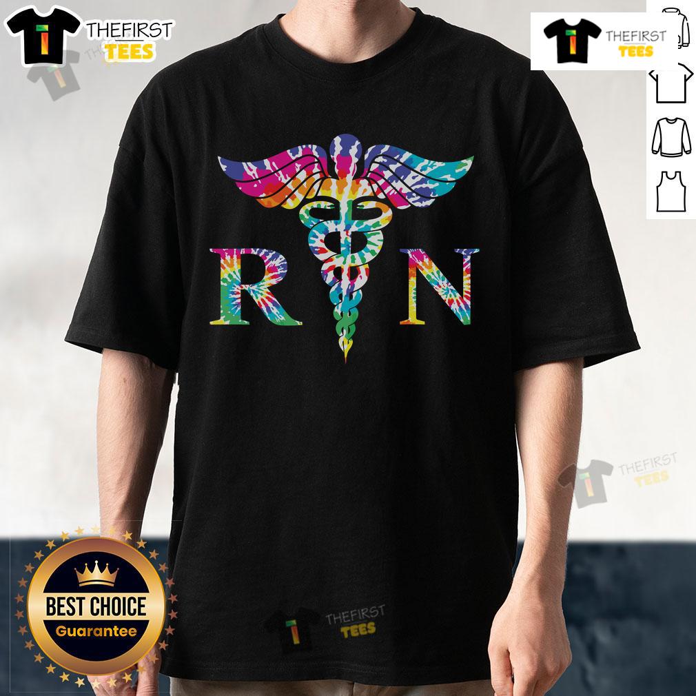 Official Colorful Tie Dye Rn Nurse Caduceus T Shirt Colorful tie-dye RN nurse t-shirt featuring a caduceus design, perfect for healthcare professionals and nursing students.