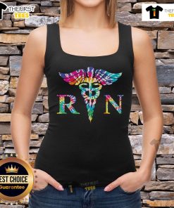 Colorful tie-dye tank top featuring a caduceus design, perfect for RN nurses. Stylish and vibrant nurse apparel.
