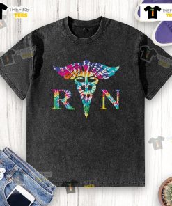 Official colorful tie-dye RN nurse caduceus washed t-shirt showcasing vibrant design for healthcare professionals.