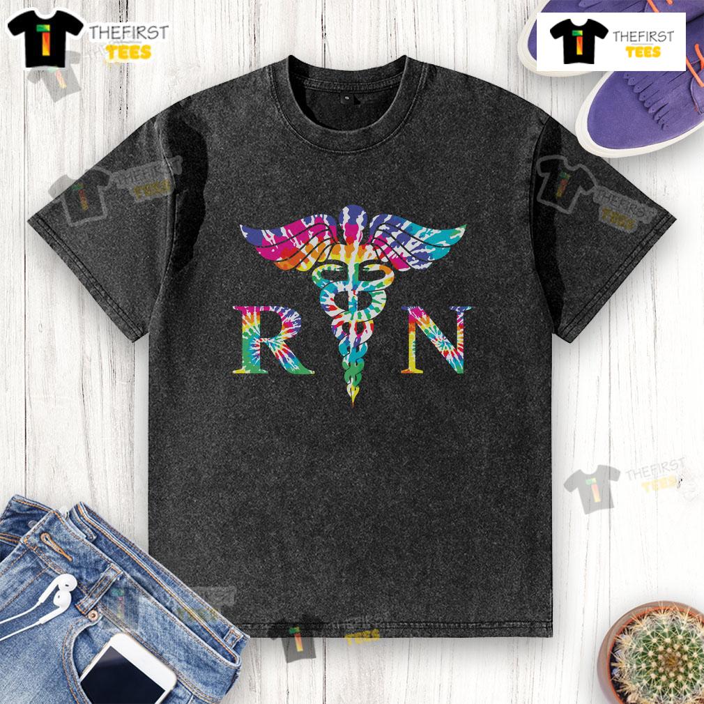 Official Colorful Tie Dye Rn Nurse Caduceus Washed T Shirt Official colorful tie-dye RN nurse caduceus washed t-shirt showcasing vibrant design for healthcare professionals.