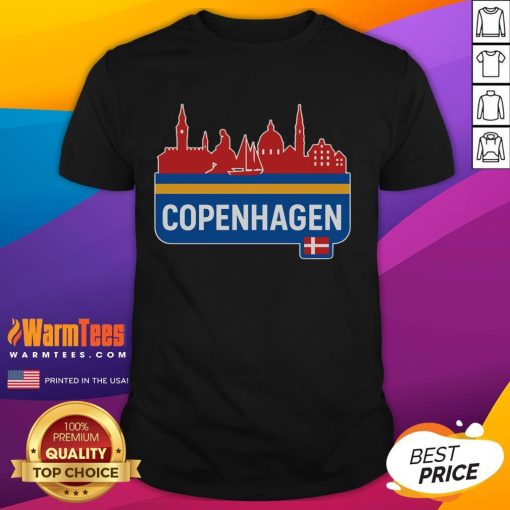 Alt Text: Official Copenhagen Town T-Shirt featuring iconic city skyline and vibrant colors, perfect for tourists and locals.