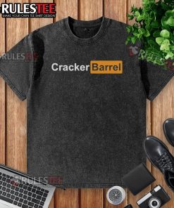 Alt Text: Official Cracker Barrel parody logo on a washed t-shirt, featuring a fun and quirky design for casual wear.